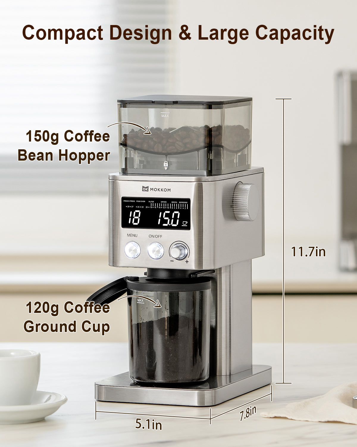 MOKKOM Coffee Grinder, Anti-static Conical Burr Coffee Bean Grinder, Adjustable Electric Burr Mill with 31 Precise Settings for Espresso/Drip/Pour Over/Cold Brew/French Press Coffee Maker