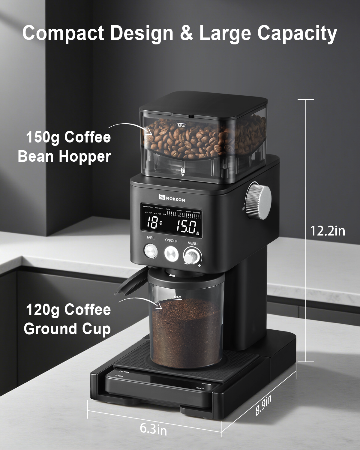 MOKKOM Coffee Grinder with Removable Coffee Scale via Bluetooth Connectivity, Anti-static Conical Burr Coffee Bean Grinder, 31 Precise Settings for Espresso/Drip/Pour Over/Cold Brew/French Press
