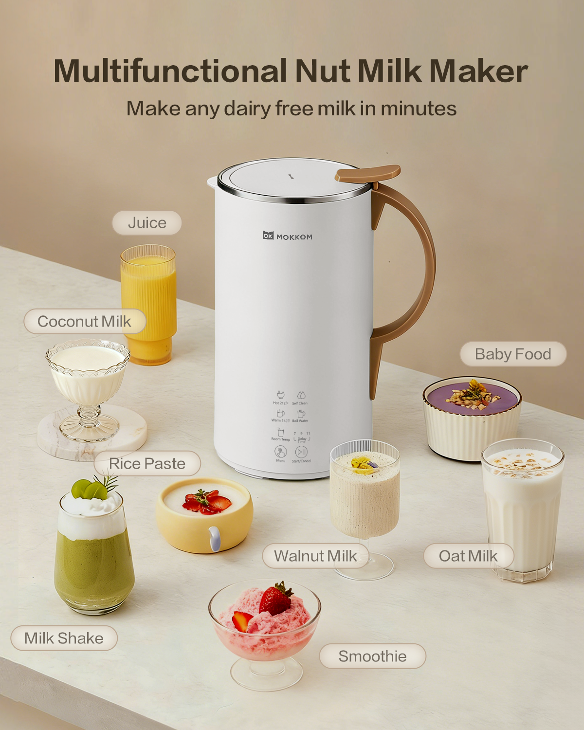 MOKKOM Automatic Nut Milk Maker, 20 oz Soy Milk Maker, Homemade Almond, Oat, Coconut, Soy, Plant-Based Milk and Dairy Free Beverages, Almond Milk Maker with Delay Start/Boild Water/Self Clean