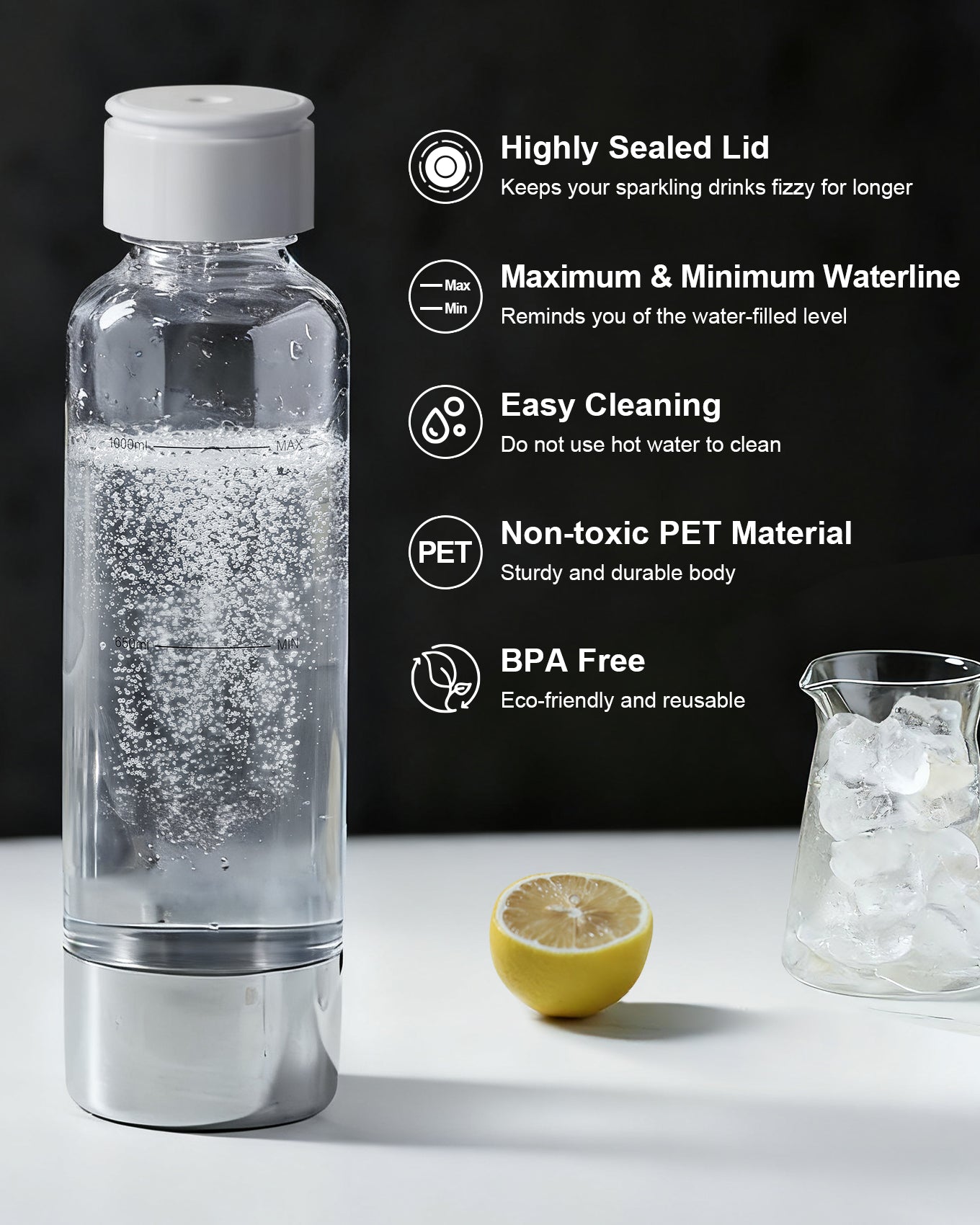 MOKKOM Soda Maker Bottle, 1L Reusable Sparkling Water Bottles, BPA Free PET Carbonating Bottles, Replacement Bottle Compatible Sparkling Water Maker