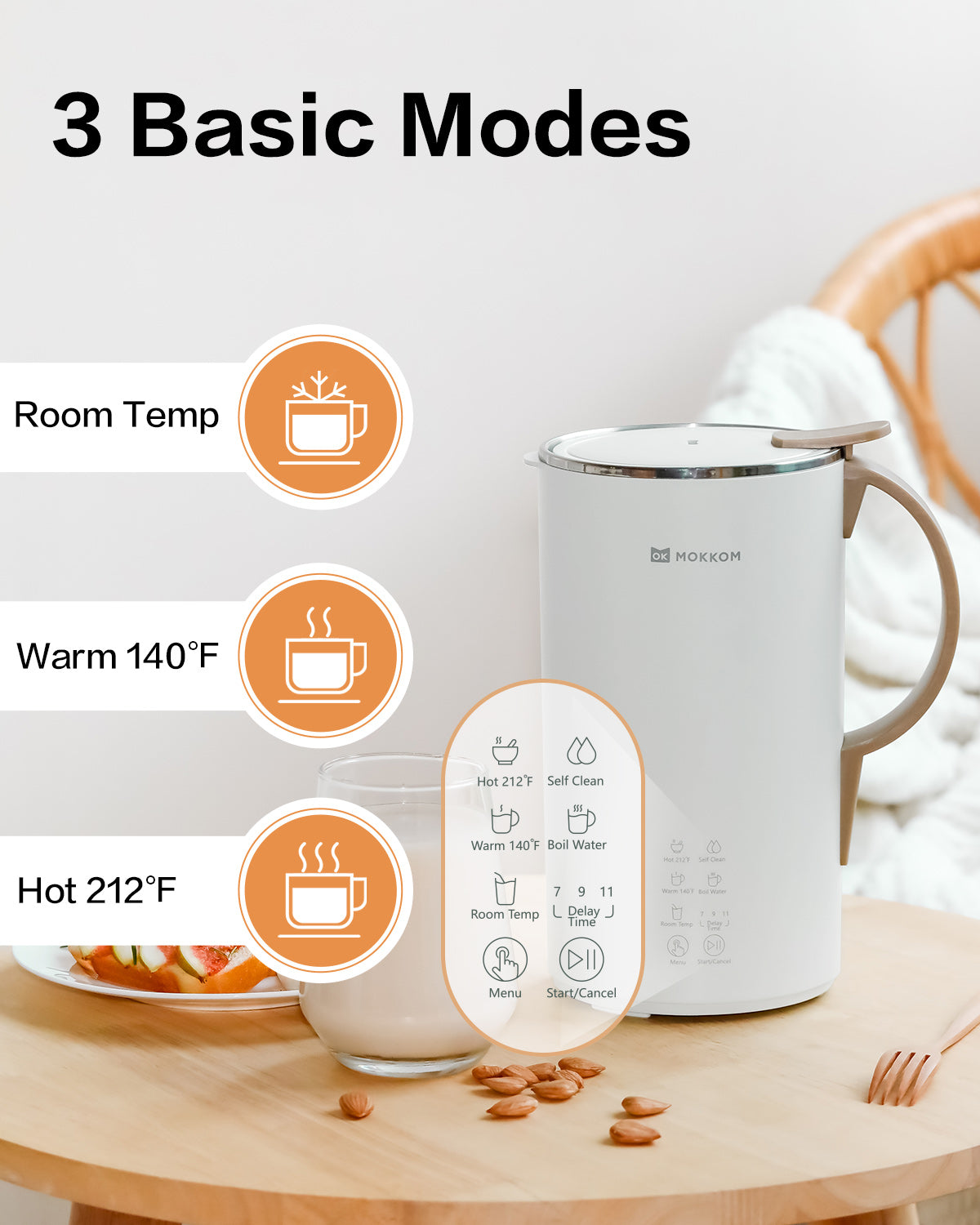 MOKKOM Automatic Nut Milk Maker, 20 oz Soy Milk Maker, Homemade Almond, Oat, Coconut, Soy, Plant-Based Milk and Dairy Free Beverages, Almond Milk Maker with Delay Start/Boild Water/Self Clean