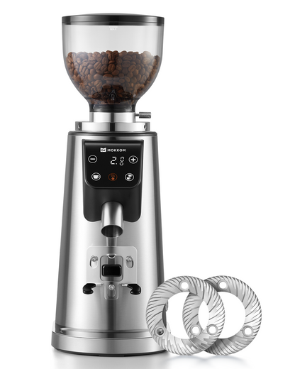 MOKKOM Professional 64mm Flat Burr Coffee Grinder with 100 Grind Settings, All-Metal Stainless Steel Body, Coffee Bean Grinder with Adjustable Electronic Timer, Anti-Static, LED Display