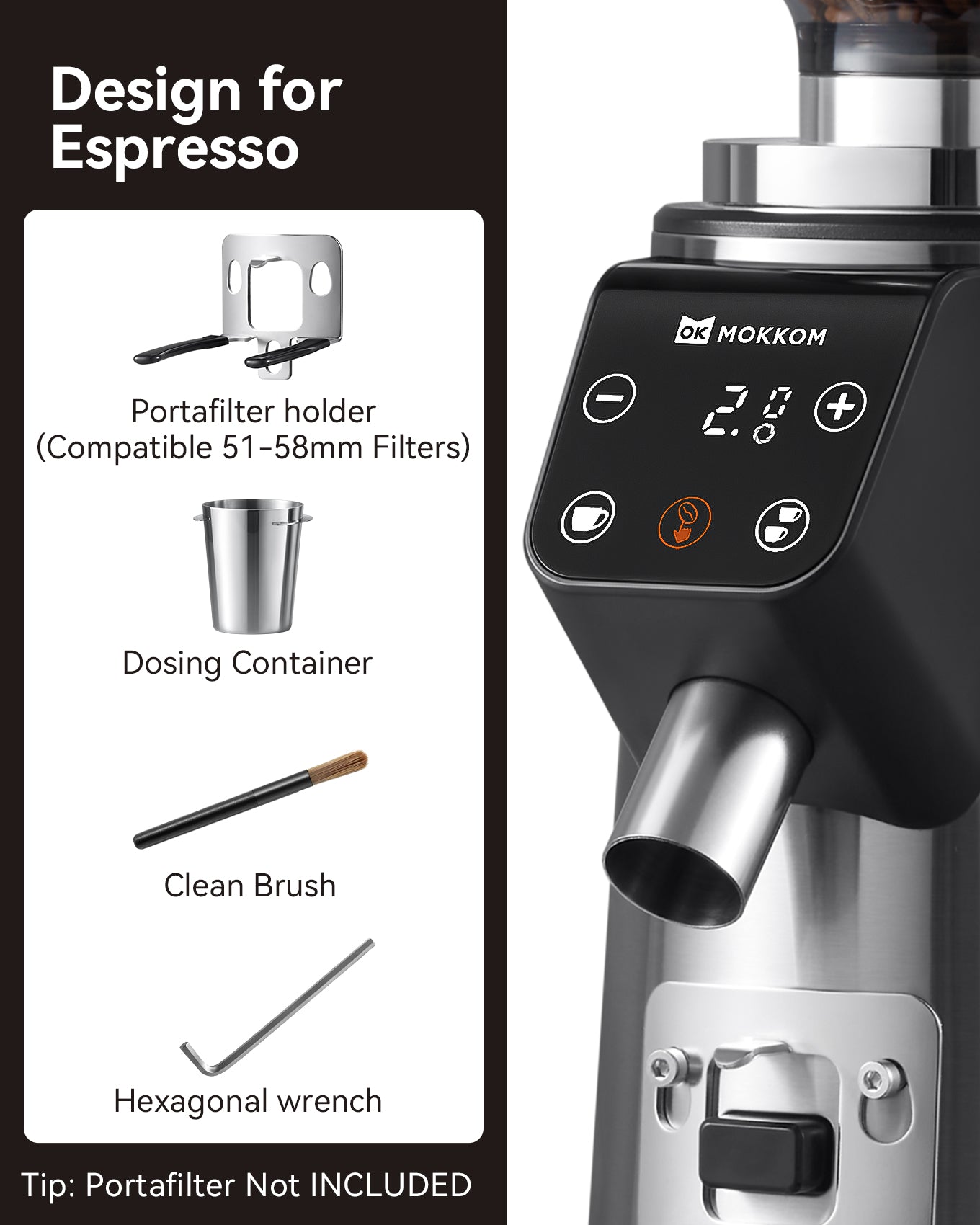 MOKKOM Professional 64mm Flat Burr Coffee Grinder with 100 Grind Settings, All-Metal Stainless Steel Body, Coffee Bean Grinder with Adjustable Electronic Timer, Anti-Static, LED Display