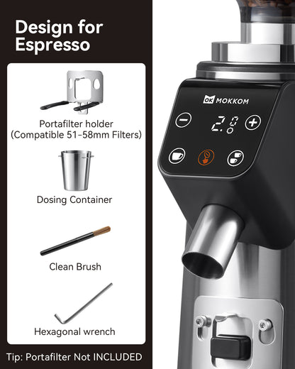 MOKKOM Professional 64mm Flat Burr Coffee Grinder with 100 Grind Settings, All-Metal Stainless Steel Body, Coffee Bean Grinder with Adjustable Electronic Timer, Anti-Static, LED Display