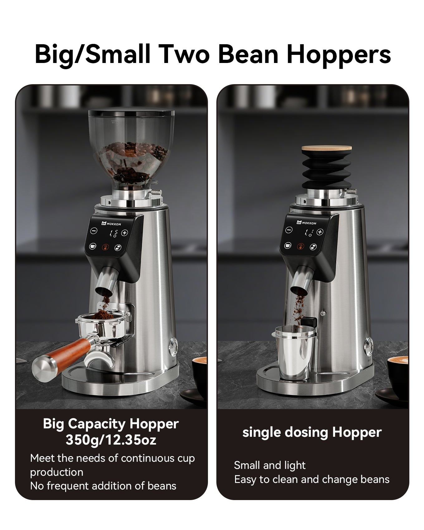 MOKKOM Professional 64mm Flat Burr Coffee Grinder with 100 Grind Settings, All-Metal Stainless Steel Body, Coffee Bean Grinder with Adjustable Electronic Timer, Anti-Static, LED Display