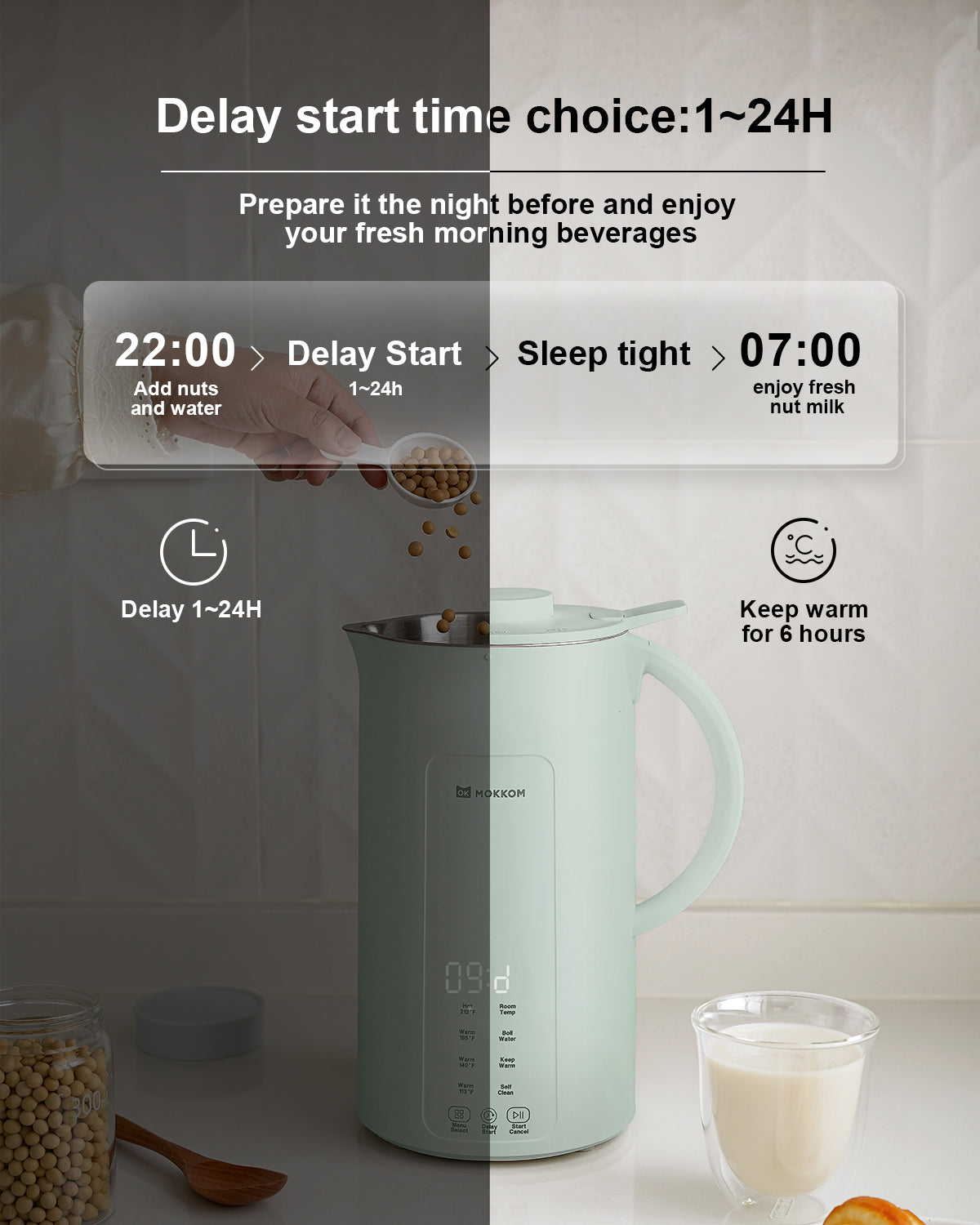 MOKKOM 9 in 1 Nut Milk Maker, 42oz Automatic Almond Milk Machine for Homemade Plant-Based Milk, Oats, Soy, Dairy Free Beverages, Soy Milk Maker with Delay Start/Keep Warm/Self-Cleaning/Boiling