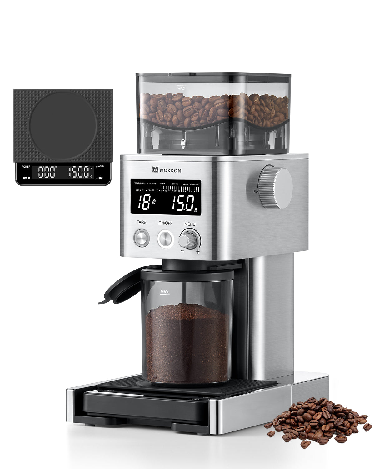 MOKKOM Coffee Grinder with Removable Coffee Scale via Bluetooth Connectivity, Anti-static Conical Burr Coffee Bean Grinder, 31 Precise Settings for Espresso/Drip/Pour Over/Cold Brew/French Press