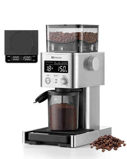 MOKKOM Coffee Grinder with Removable Coffee Scale via Bluetooth Connectivity, Anti-static Conical Burr Coffee Bean Grinder, 31 Precise Settings for Espresso/Drip/Pour Over/Cold Brew/French Press