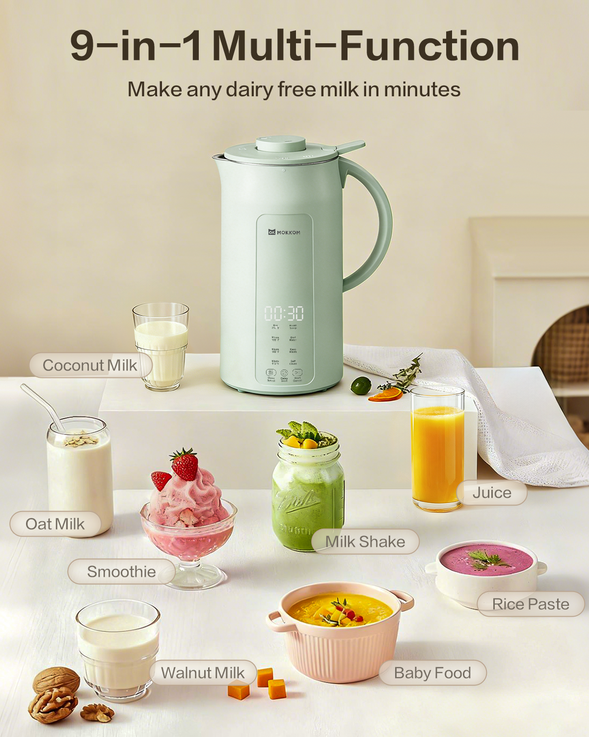 MOKKOM 9 in 1 Nut Milk Maker, 42oz Automatic Almond Milk Machine for Homemade Plant-Based Milk, Oats, Soy, Dairy Free Beverages, Soy Milk Maker with Delay Start/Keep Warm/Self-Cleaning/Boiling
