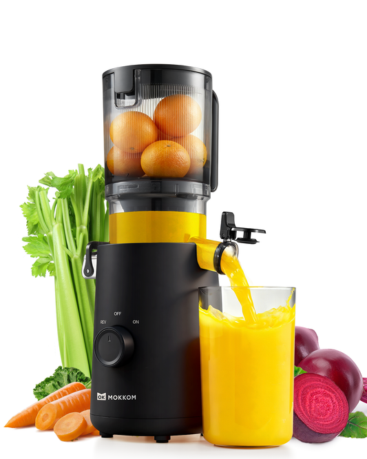 MOKKOM Cold Press Juicer, Updated Large Feed Chute Juice Extractor Machine, High Juice Yield, Slow Masticating Juicer Fit Whole Fruits Vegetables, Black