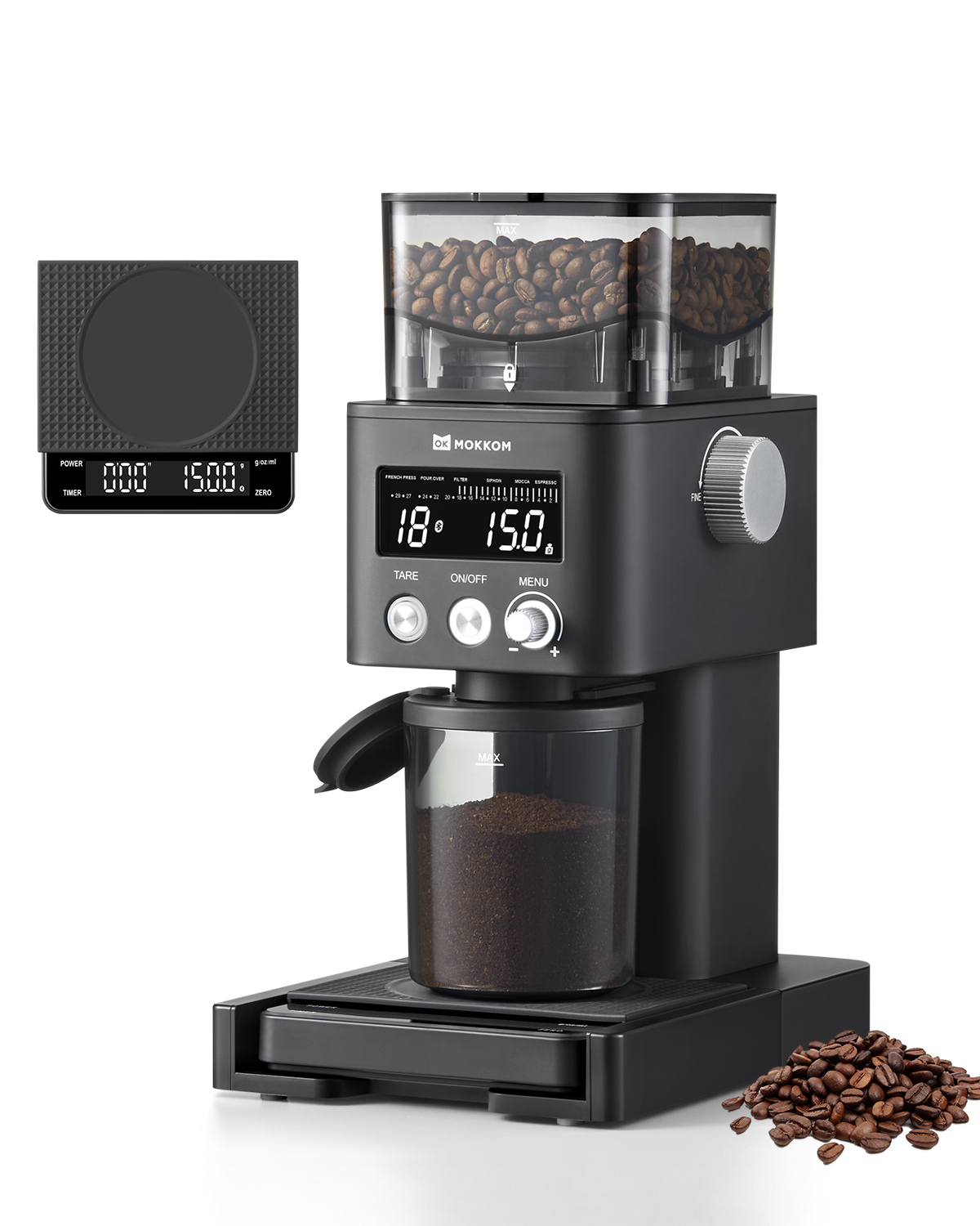 MOKKOM Coffee Grinder with Removable Coffee Scale via Bluetooth Connectivity, Anti-static Conical Burr Coffee Bean Grinder, 31 Precise Settings for Espresso/Drip/Pour Over/Cold Brew/French Press