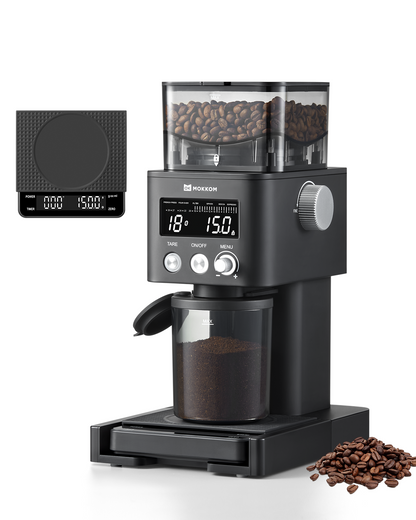 MOKKOM Coffee Grinder with Removable Coffee Scale via Bluetooth Connectivity, Anti-static Conical Burr Coffee Bean Grinder, 31 Precise Settings for Espresso/Drip/Pour Over/Cold Brew/French Press