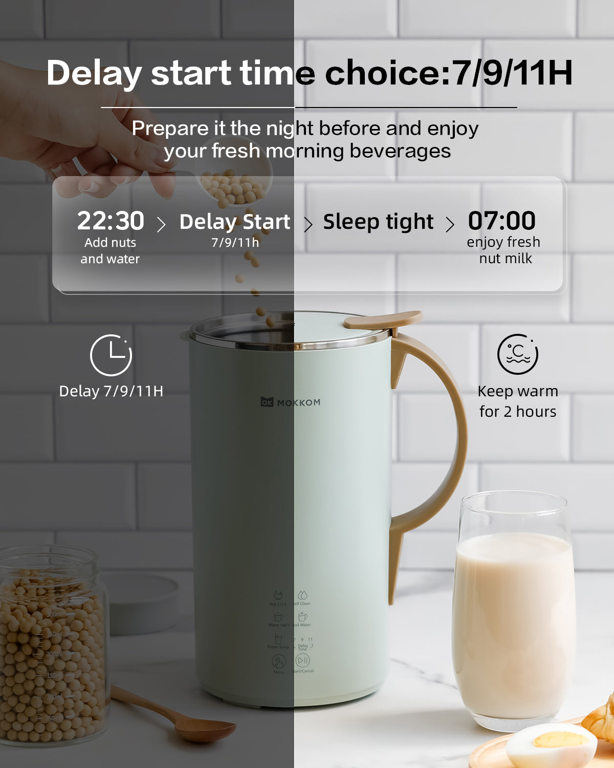 MOKKOM Automatic Nut Milk Maker, 20 oz Soy Milk Maker, Homemade Almond, Oat, Coconut, Soy, Plant-Based Milk and Dairy Free Beverages, Almond Milk Maker with Delay Start/Boild Water/Self Clean