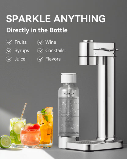 MOKKOM Sparkling Water Maker, Soda Maker with 1L PET Carbonating Bottle, Soda Streaming Machine and Beverage Carbonator, Compatible with 60L CO2 Carbonator (NOT Included) - Stainless Steel