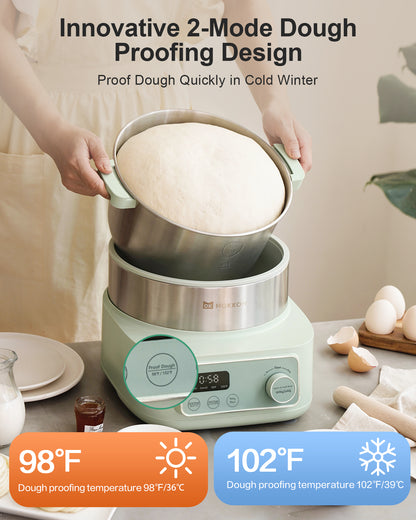MOKKOM Electric Dough Maker with Proof Dough Function, Microcomputer Timing, 6.34Qt 304 Stainless Steel Bowl, Household Dough Maker Kitchen Flour Kneading Machine, Green