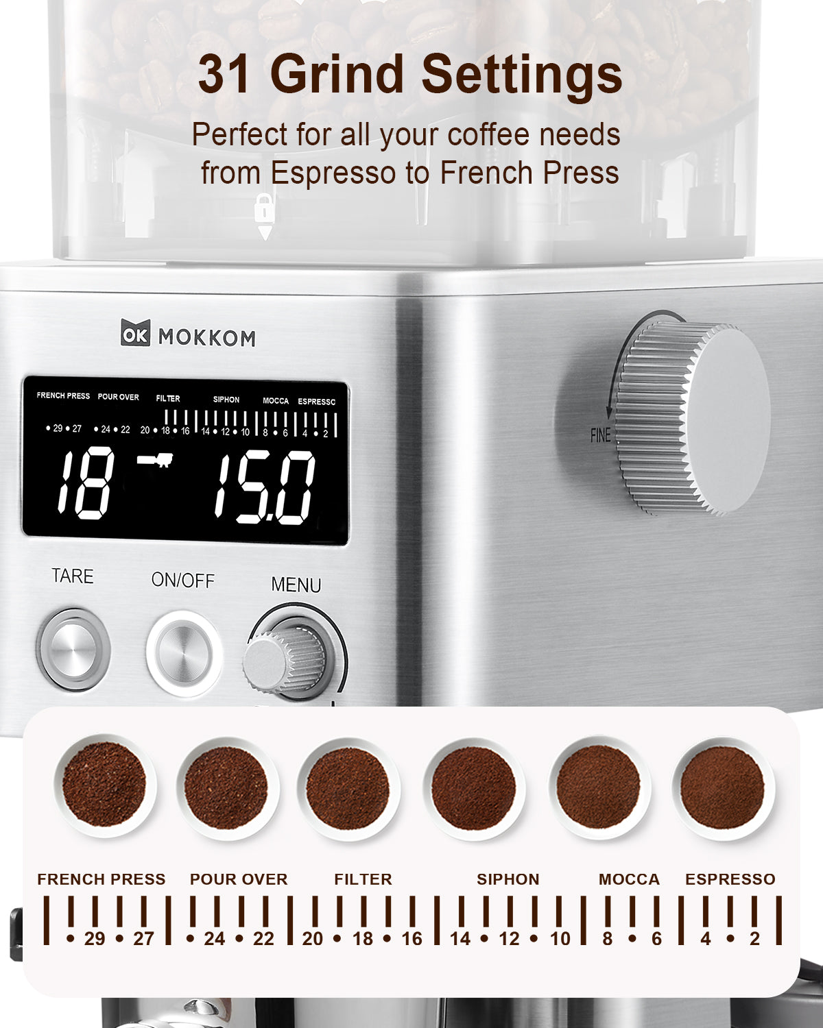 MOKKOM Coffee Grinder with Removable Coffee Scale via Bluetooth Connectivity, Anti-static Conical Burr Coffee Bean Grinder, 31 Precise Settings for Espresso/Drip/Pour Over/Cold Brew/French Press