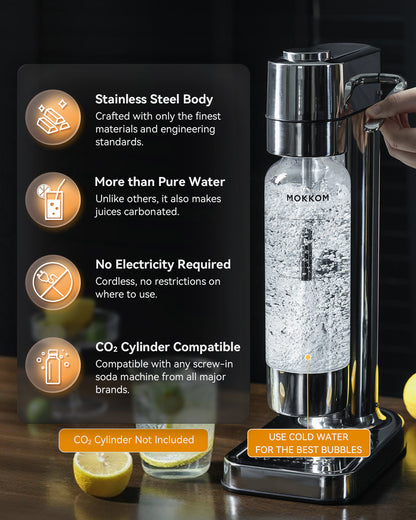 MOKKOM Sparkling Water Maker, Soda Maker with 1L PET Carbonating Bottle, Soda Streaming Machine and Beverage Carbonator, Compatible with 60L CO2 Carbonator (NOT Included) - Stainless Steel