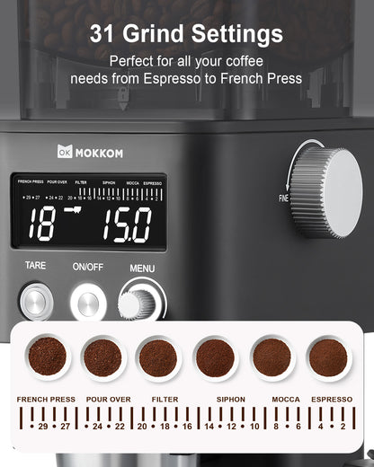 MOKKOM Coffee Grinder with Removable Coffee Scale via Bluetooth Connectivity, Anti-static Conical Burr Coffee Bean Grinder, 31 Precise Settings for Espresso/Drip/Pour Over/Cold Brew/French Press