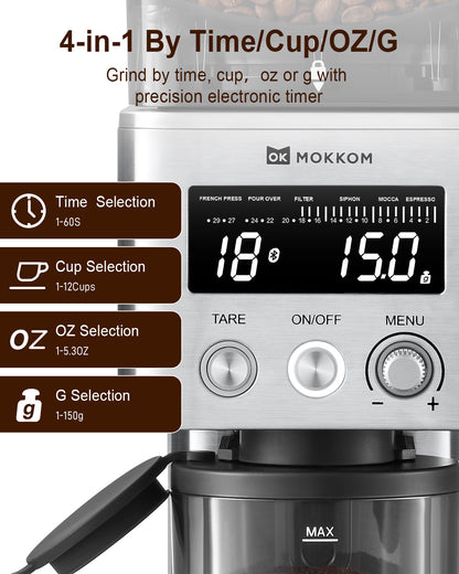 MOKKOM Coffee Grinder with Removable Coffee Scale via Bluetooth Connectivity, Anti-static Conical Burr Coffee Bean Grinder, 31 Precise Settings for Espresso/Drip/Pour Over/Cold Brew/French Press