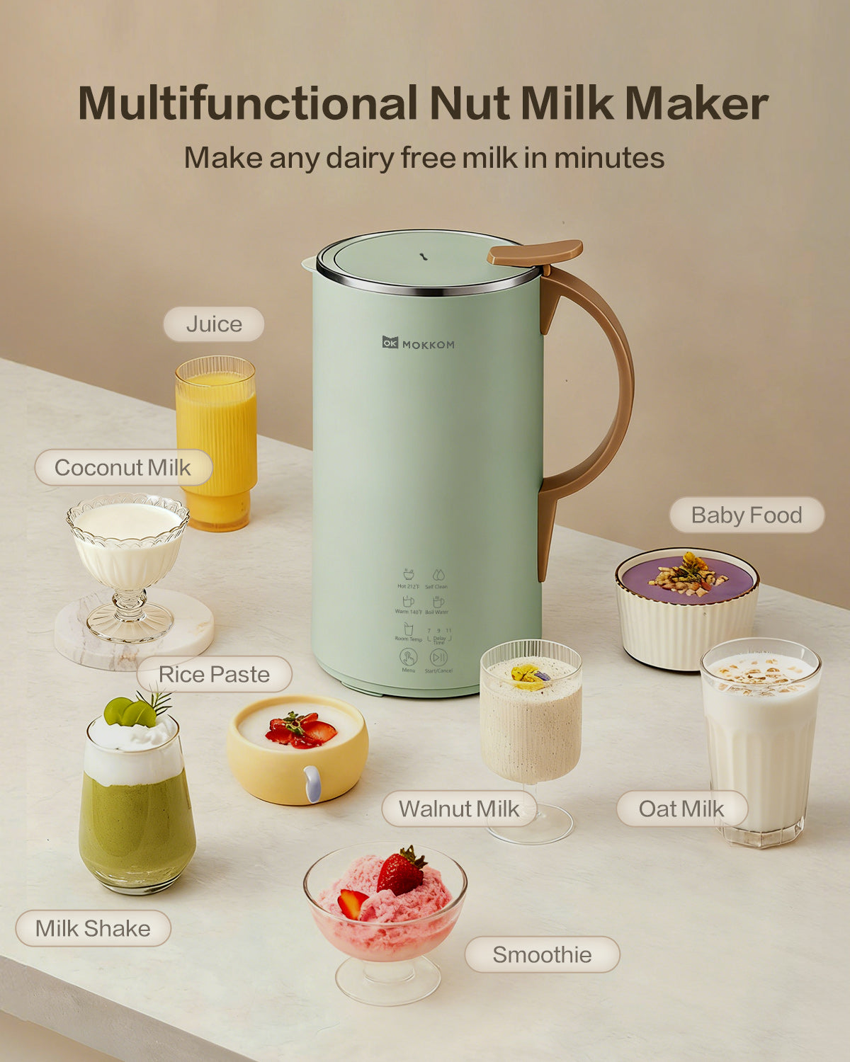 MOKKOM Automatic Nut Milk Maker, 20 oz Soy Milk Maker, Homemade Almond, Oat, Coconut, Soy, Plant-Based Milk and Dairy Free Beverages, Almond Milk Maker with Delay Start/Boild Water/Self Clean