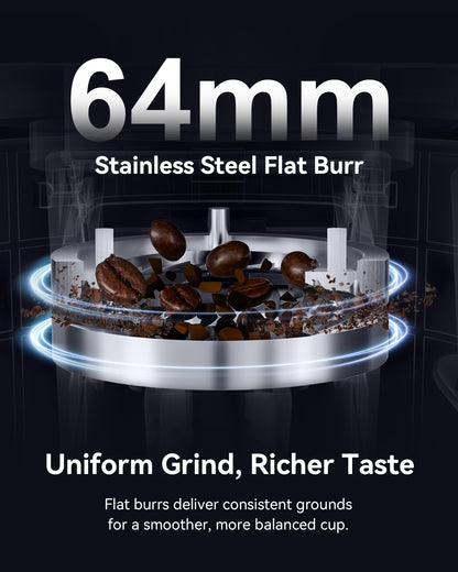 MOKKOM Professional 64mm Flat Burr Coffee Grinder with 100 Grind Settings, All-Metal Stainless Steel Body, Coffee Bean Grinder with Adjustable Electronic Timer, Anti-Static, LED Display