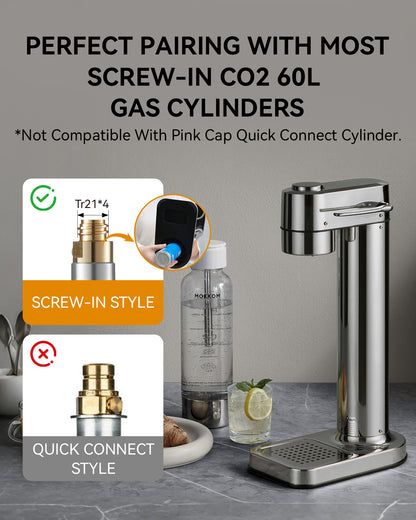MOKKOM Sparkling Water Maker, Soda Maker with 1L PET Carbonating Bottle, Soda Streaming Machine and Beverage Carbonator, Compatible with 60L CO2 Carbonator (NOT Included) - Stainless Steel