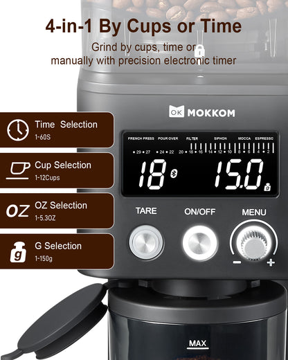MOKKOM Coffee Grinder with Removable Coffee Scale via Bluetooth Connectivity, Anti-static Conical Burr Coffee Bean Grinder, 31 Precise Settings for Espresso/Drip/Pour Over/Cold Brew/French Press