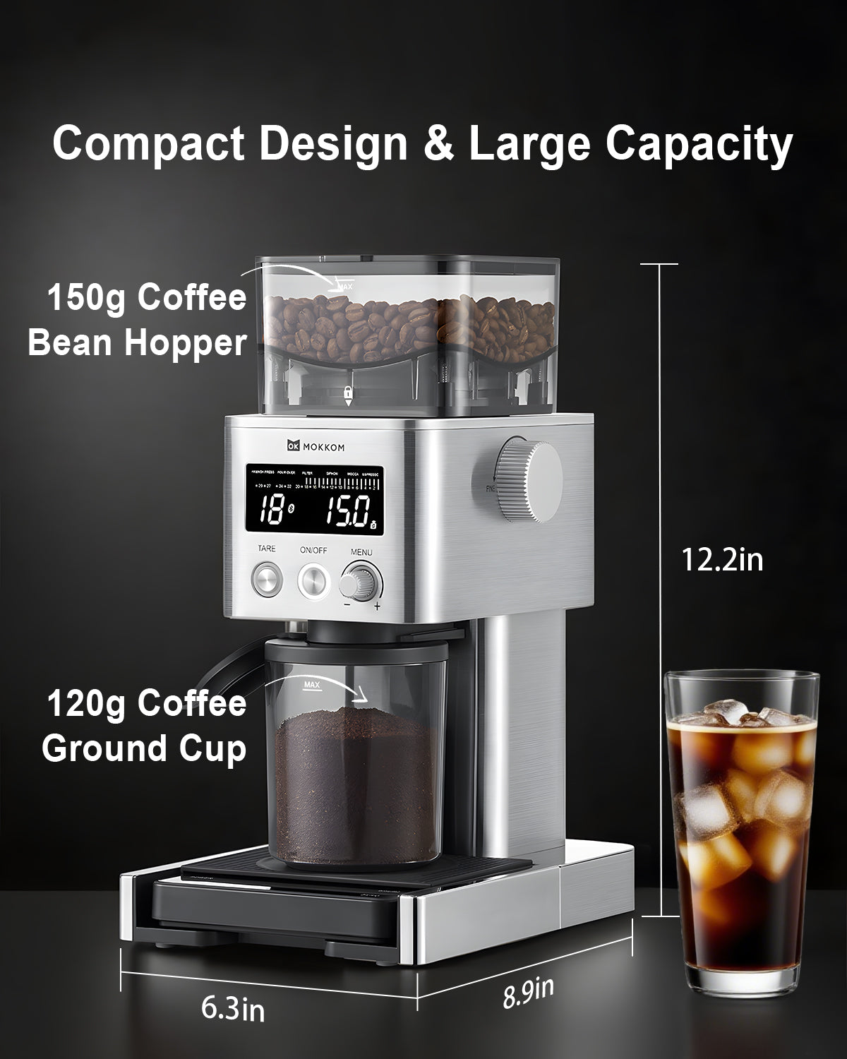 MOKKOM Coffee Grinder with Removable Coffee Scale via Bluetooth Connectivity, Anti-static Conical Burr Coffee Bean Grinder, 31 Precise Settings for Espresso/Drip/Pour Over/Cold Brew/French Press