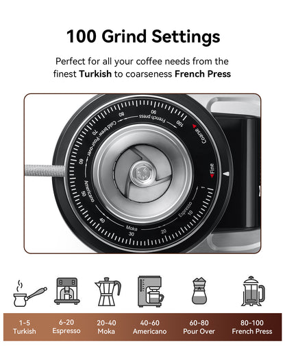 MOKKOM Professional 64mm Flat Burr Coffee Grinder with 100 Grind Settings, All-Metal Stainless Steel Body, Coffee Bean Grinder with Adjustable Electronic Timer, Anti-Static, LED Display