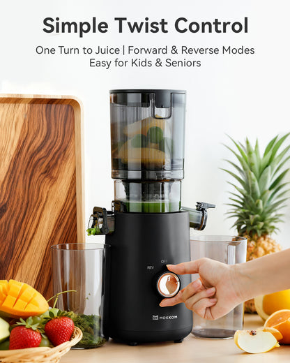 MOKKOM Cold Press Juicer, Updated Large Feed Chute Juice Extractor Machine, High Juice Yield, Slow Masticating Juicer Fit Whole Fruits Vegetables, Black