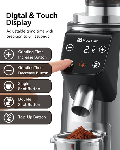MOKKOM Professional 64mm Flat Burr Coffee Grinder with 100 Grind Settings, All-Metal Stainless Steel Body, Coffee Bean Grinder with Adjustable Electronic Timer, Anti-Static, LED Display