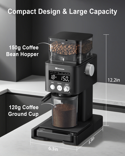 MOKKOM Coffee Grinder with Removable Coffee Scale via Bluetooth Connectivity, Anti-static Conical Burr Coffee Bean Grinder, 31 Precise Settings for Espresso/Drip/Pour Over/Cold Brew/French Press