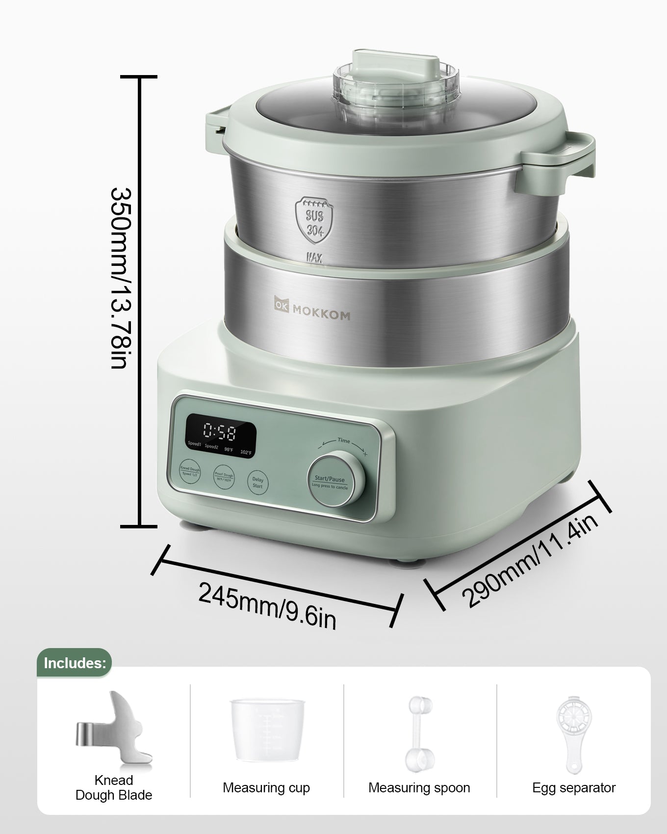 MOKKOM Electric Dough Maker with Proof Dough Function, Microcomputer Timing, 6.34Qt 304 Stainless Steel Bowl, Household Dough Maker Kitchen Flour Kneading Machine, Green